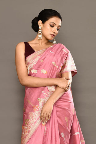 'Deep Old Rose Pink' Pure Katan Silk Banarasi Handloom Saree With Kadhua Meenakari Boota and Border