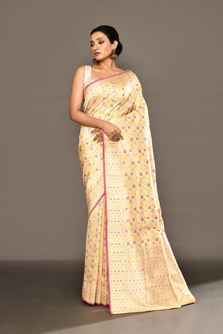 'Shuchi' Off - White Pure Katan Silk Banarasi Handloom Saree with all Over Meenakari Jaal