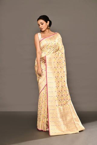 'Shuchi' Off - White Pure Katan Silk Banarasi Handloom Saree with all Over Meenakari Jaal