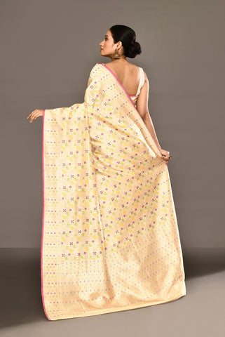 'Shuchi' Off - White Pure Katan Silk Banarasi Handloom Saree with all Over Meenakari Jaal