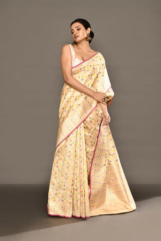 'Shuchi' Off - White Pure Katan Silk Banarasi Handloom Saree with all Over Meenakari Jaal