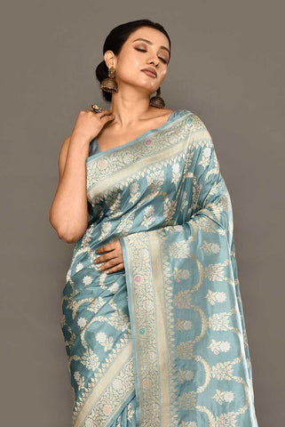 'Sugandha' Iceberg Blue Pure Katan Silk Banarasi Handloom Saree with Kahua Ropa Sona Boota and Meenakari Border