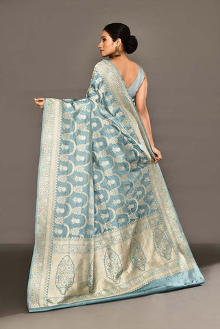 'Sugandha' Iceberg Blue Pure Katan Silk Banarasi Handloom Saree with Kahua Ropa Sona Boota and Meenakari Border