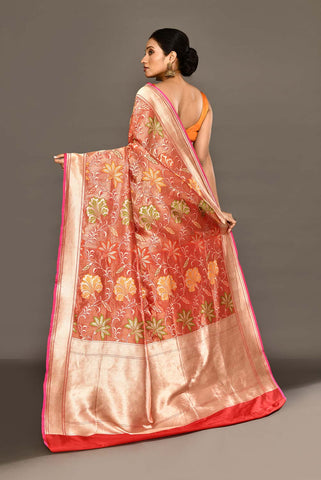 'Noor' Red-Orange Pure Katan Tissue Banarasi Handloom Silk Saree with Meenakari Jaal