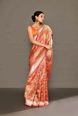 'Noor' Red-Orange Pure Katan Tissue Banarasi Handloom Silk Saree with Meenakari Jaal