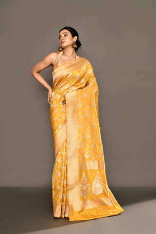 Mustard Yellow Pure Katan Silk Banarasi Handloom Saree with Meenakari Jaal