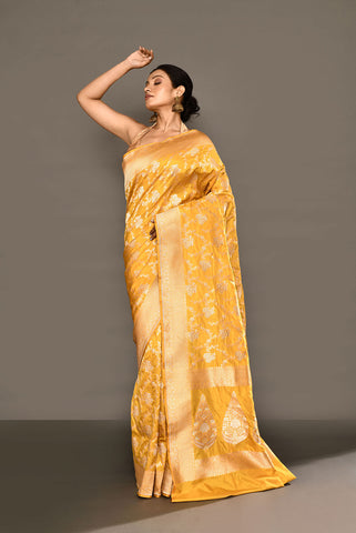 Mustard Yellow Pure Katan Silk Banarasi Handloom Saree with Meenakari Jaal