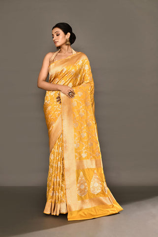 Mustard Yellow Pure Katan Silk Banarasi Handloom Saree with Meenakari Jaal