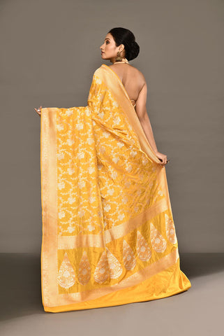 Mustard Yellow Pure Katan Silk Banarasi Handloom Saree with Meenakari Jaal