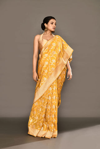 Mustard Yellow Pure Katan Silk Banarasi Handloom Saree with Meenakari Jaal