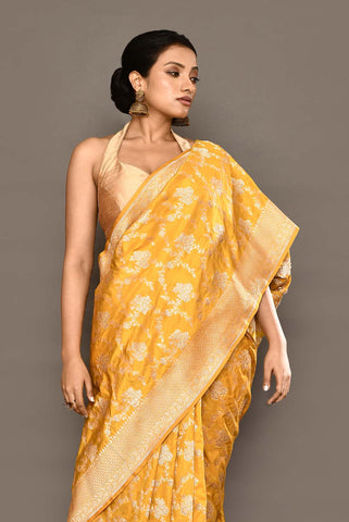 Mustard Yellow Pure Katan Silk Banarasi Handloom Saree with Meenakari Jaal