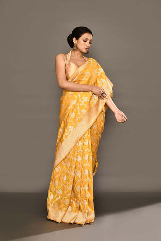 Mustard Yellow Pure Katan Silk Banarasi Handloom Saree with Meenakari Jaal