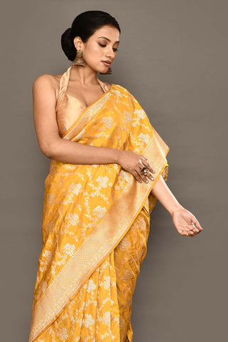 Mustard Yellow Pure Katan Silk Banarasi Handloom Saree with Meenakari Jaal