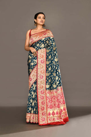 'Neerja' Blue - Red Pure Katan Silk Banarasi Handloom Saree with Meenakari Border