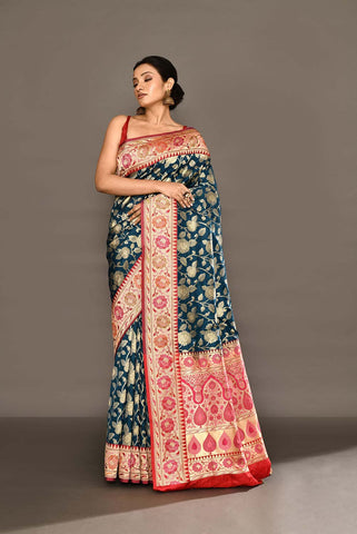 'Neerja' Blue - Red Pure Katan Silk Banarasi Handloom Saree with Meenakari Border