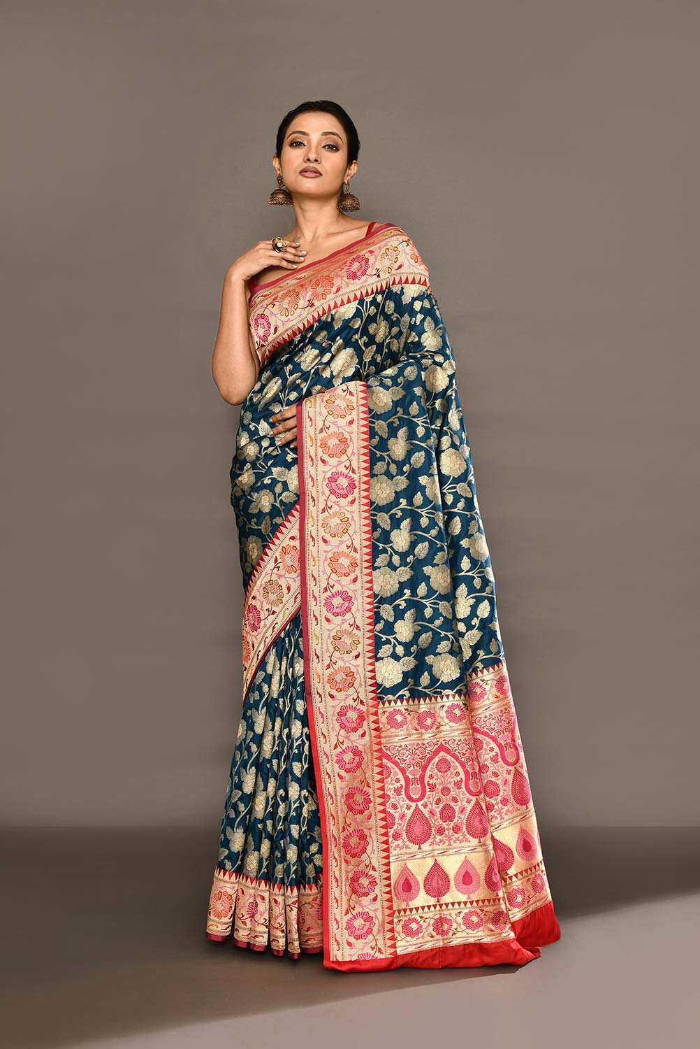 'Neerja' Blue - Red Pure Katan Silk Banarasi Handloom Saree with Meenakari Border