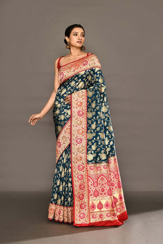 'Neerja' Blue - Red Pure Katan Silk Banarasi Handloom Saree with Meenakari Border