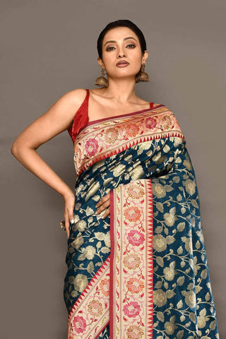 'Neerja' Blue - Red Pure Katan Silk Banarasi Handloom Saree with Meenakari Border