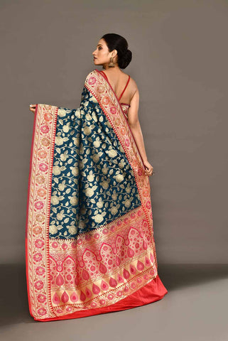 'Neerja' Blue - Red Pure Katan Silk Banarasi Handloom Saree with Meenakari Border