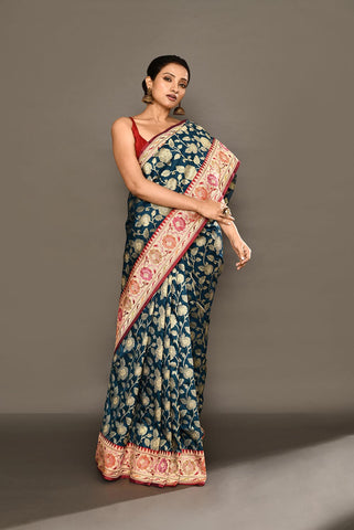 'Neerja' Blue - Red Pure Katan Silk Banarasi Handloom Saree with Meenakari Border