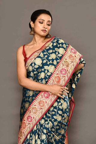 'Neerja' Blue - Red Pure Katan Silk Banarasi Handloom Saree with Meenakari Border