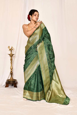 Dusty Pine Green Semi Katan Mushru Satin Banarasi Handloom Saree