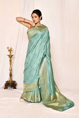 Dusty Green Semi Katan Mushru Satin Banarasi Handloom Saree