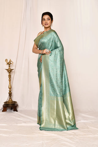 Dusty Green Semi Katan Mushru Satin Banarasi Handloom Saree