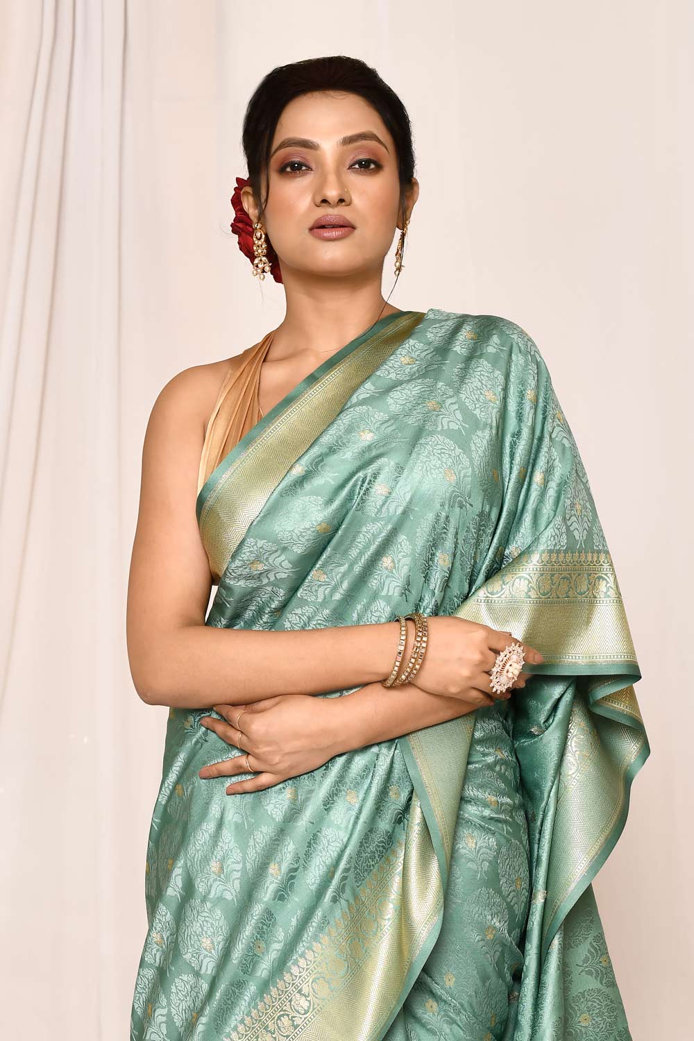 Dusty Green Semi Katan Mushru Satin Banarasi Handloom Saree