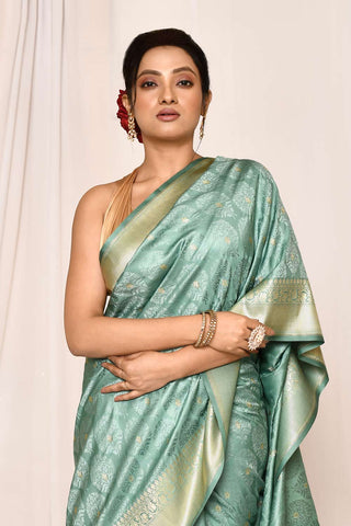 Dusty Green Semi Katan Mushru Satin Banarasi Handloom Saree