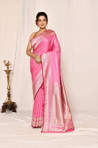 Rose Pink Semi Katan Mushru Satin Banarasi Handloom Saree