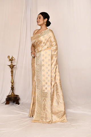 Beige Tussar Semi katan Mushru Satin  Banarasi Handloom Saree