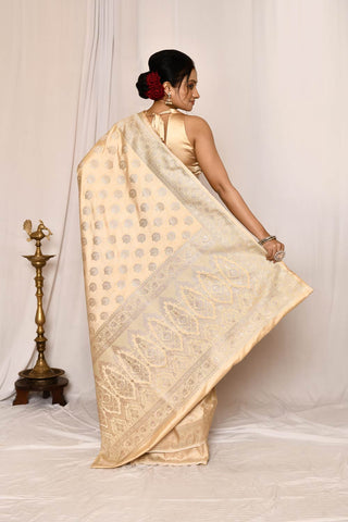 Beige Tussar Semi katan Mushru Satin  Banarasi Handloom Saree