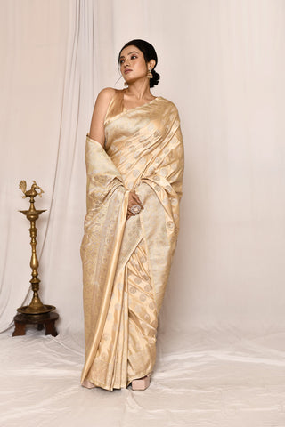 Beige Tussar Semi katan Mushru Satin  Banarasi Handloom Saree