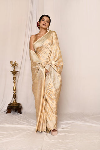 Beige Tussar Semi katan Mushru Satin  Banarasi Handloom Saree