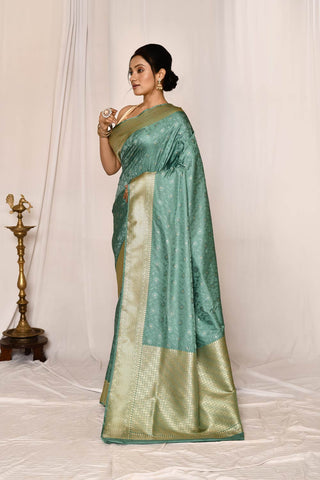 Dusty Green Semi Katan Mushru Satin Banarasi Handloom Saree