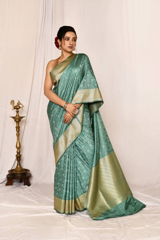 Dusty Green Semi Katan Mushru Satin Banarasi Handloom Saree