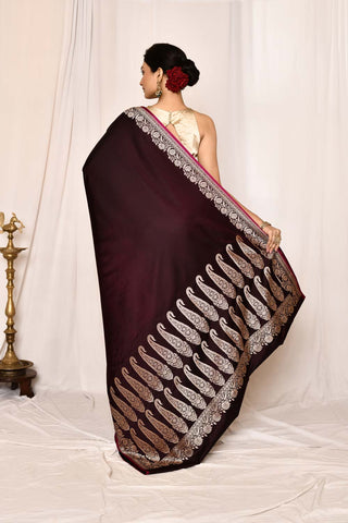 Cranberry Wine Semi Katan Mushru Satin Banarasi Handloom Saree