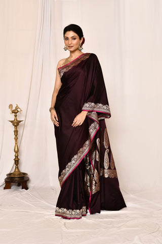 Cranberry Wine Semi Katan Mushru Satin Banarasi Handloom Saree