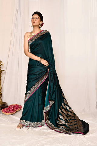 Teal Green Semi Katan Mushru Satin Banarasi Handloom Saree