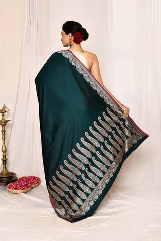 Teal Green Semi Katan Mushru Satin Banarasi Handloom Saree