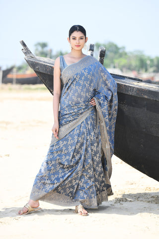 'Zaroka' Grey Pure Resham Cotton Banarasi Handloom Saree