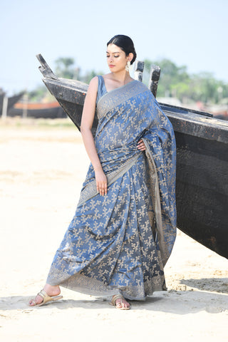 'Zaroka' Grey Pure Resham Cotton Banarasi Handloom Saree