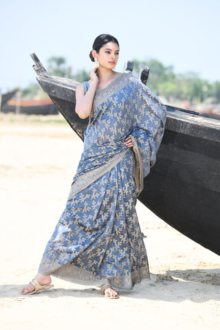 'Zaroka' Grey Pure Resham Cotton Banarasi Handloom Saree