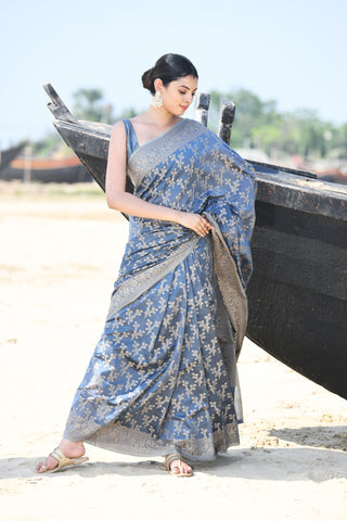 'Zaroka' Grey Pure Resham Cotton Banarasi Handloom Saree