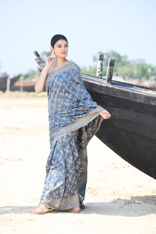 'Zaroka' Grey Pure Resham Cotton Banarasi Handloom Saree