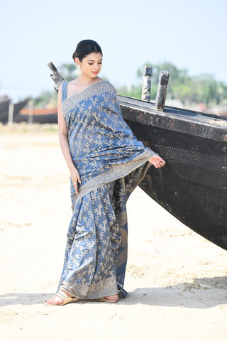 'Zaroka' Grey Pure Resham Cotton Banarasi Handloom Saree