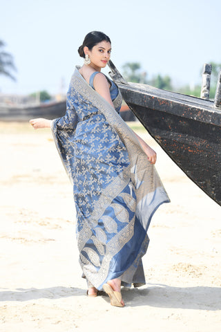 'Zaroka' Grey Pure Resham Cotton Banarasi Handloom Saree