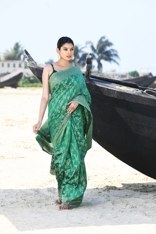 'Zaroka' Muted Teal Green Pure Resham Cotton Banarasi Handloom Saree