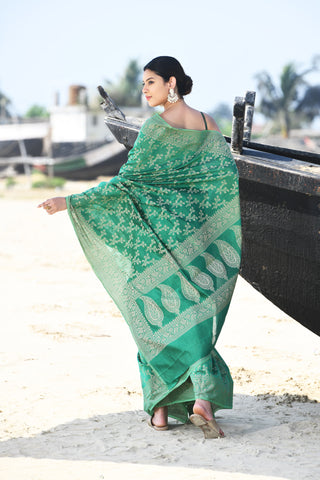 'Zaroka' Muted Teal Green Pure Resham Cotton Banarasi Handloom Saree